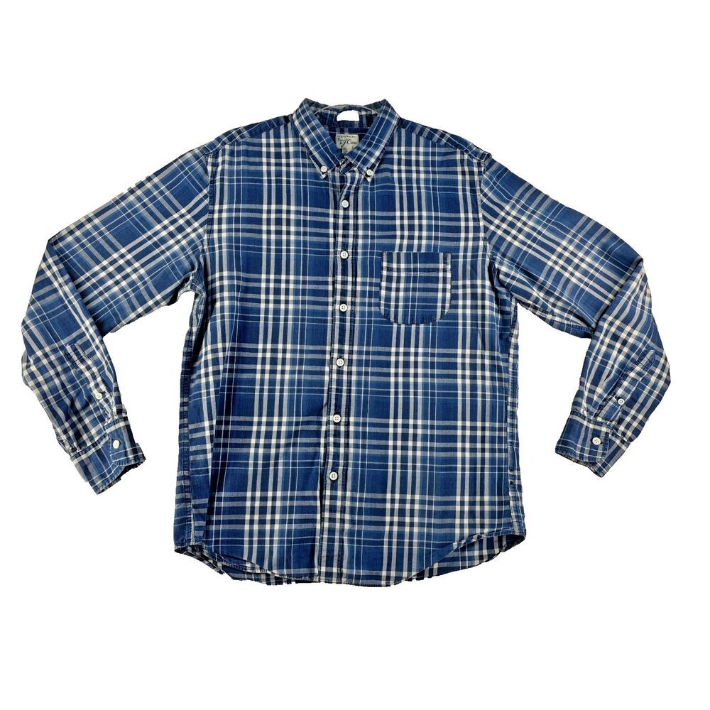 Woven For J.Crew Indian Madras Plaid Blue Long Sleeve Button Shirt Men's Slim L